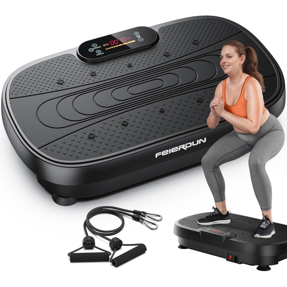 FEIERDUN Vibration Plate Exercise Machine – Whole Body Vibration Platform for Weight Loss & Lymphatic Drainage, Home Fitness Trainer with Remote & Resistance Bands(A-Black)
