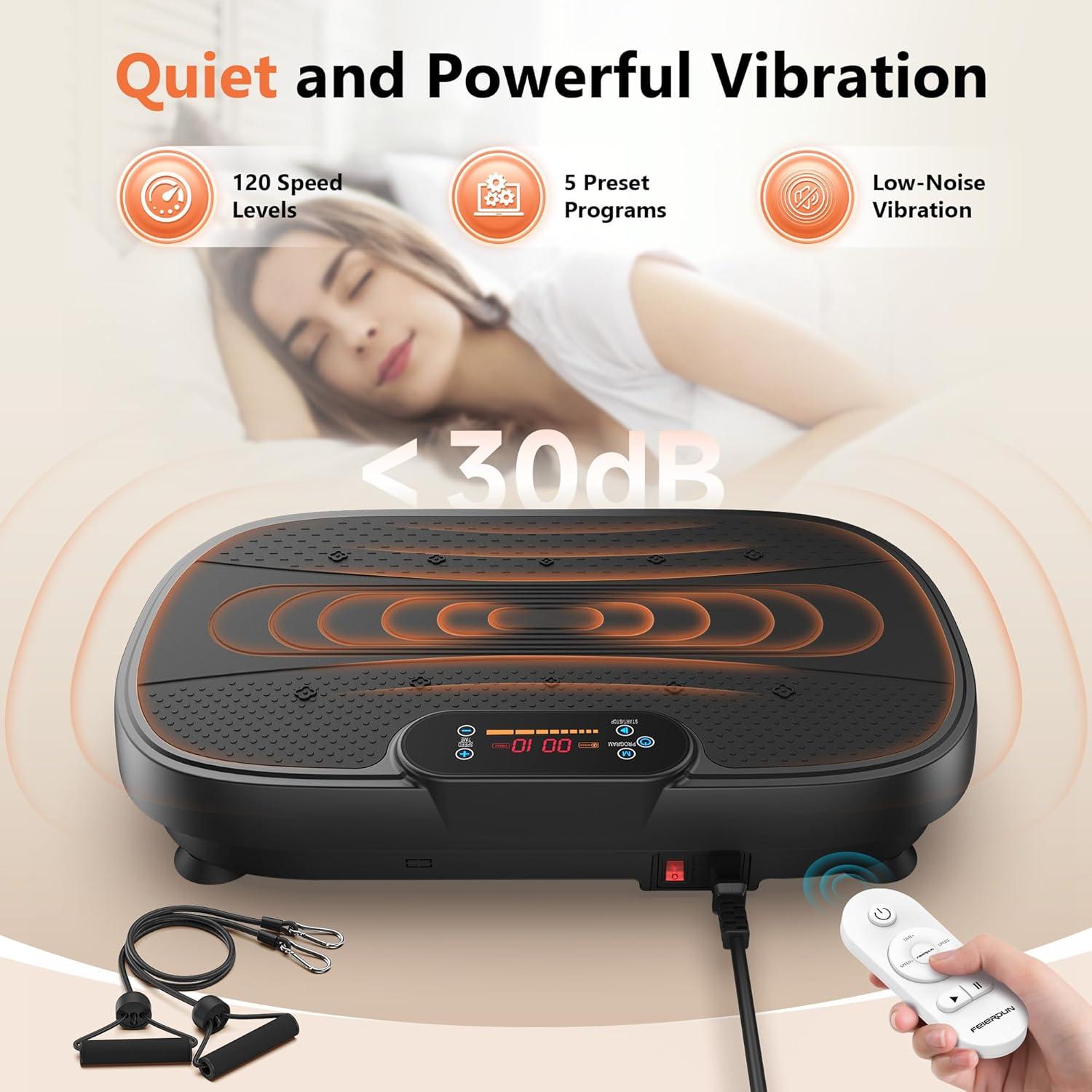 FEIERDUN Vibration Plate Exercise Machine – Whole Body Vibration Platform for Weight Loss & Lymphatic Drainage, Home Fitness Trainer with Remote & Resistance Bands(A-Black)