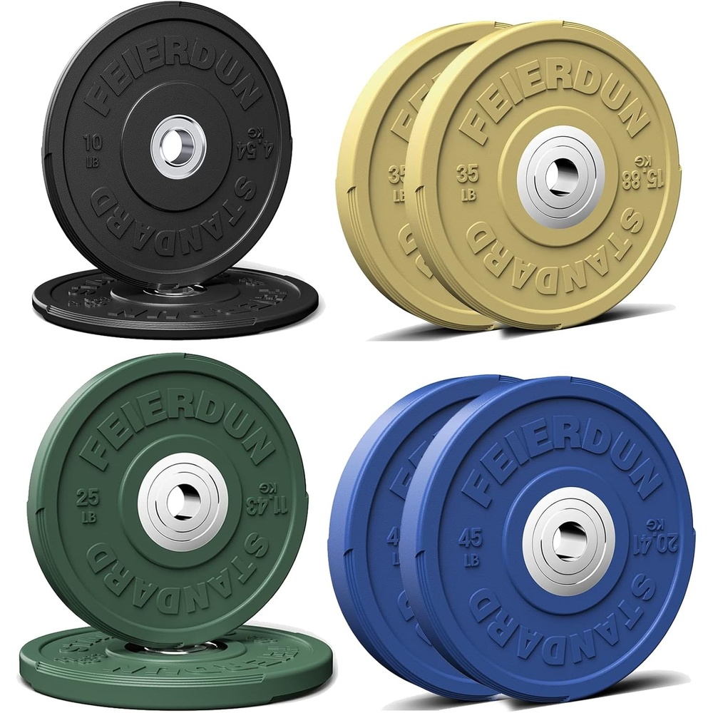 FEIERDUN Color Bumper Plate Set, 2-Inch Olympic Weight Plates, Low Bounce Rubber Barbell Plates with Stainless Steel Insert for Weightlifting, Strength Training, CrossFit & Home Gym, 10LB-370LB(O) 230LBS SET)