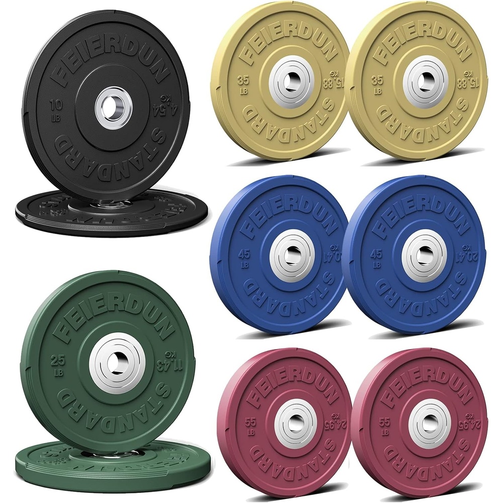 FEIERDUN Color Bumper Plate Set, 2-Inch Olympic Weight Plates, Low Bounce Rubber Barbell Plates with Stainless Steel Insert for Weightlifting, Strength Training, CrossFit & Home Gym, 10LB-370LB(R) 340LBS SET)