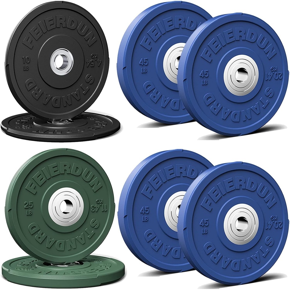 FEIERDUN Color Bumper Plate Set, 2-Inch Olympic Weight Plates, Low Bounce Rubber Barbell Plates with Stainless Steel Insert for Weightlifting, Strength Training, CrossFit & Home Gym, 10LB-370LB(P) 250LBS SET)