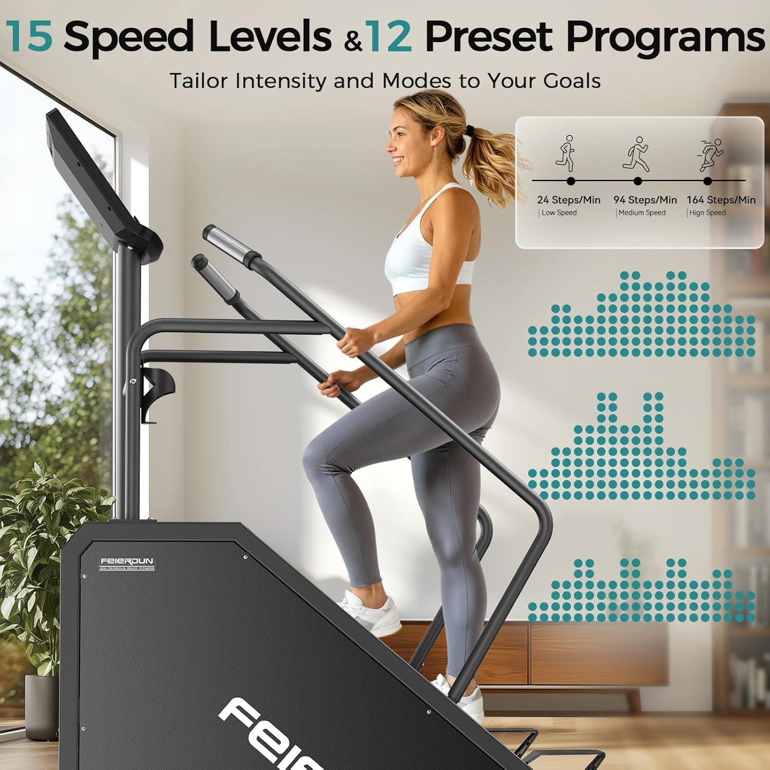 FEIERDUN Stair Stepper Machine for Home Gym, Commercial Grade Stair Climber with LED Screen, Stair Machine with 15 Speed Levels for Cardio and Lower Body Workouts, 660LBS Capacity, 24-164 Steps/Minute