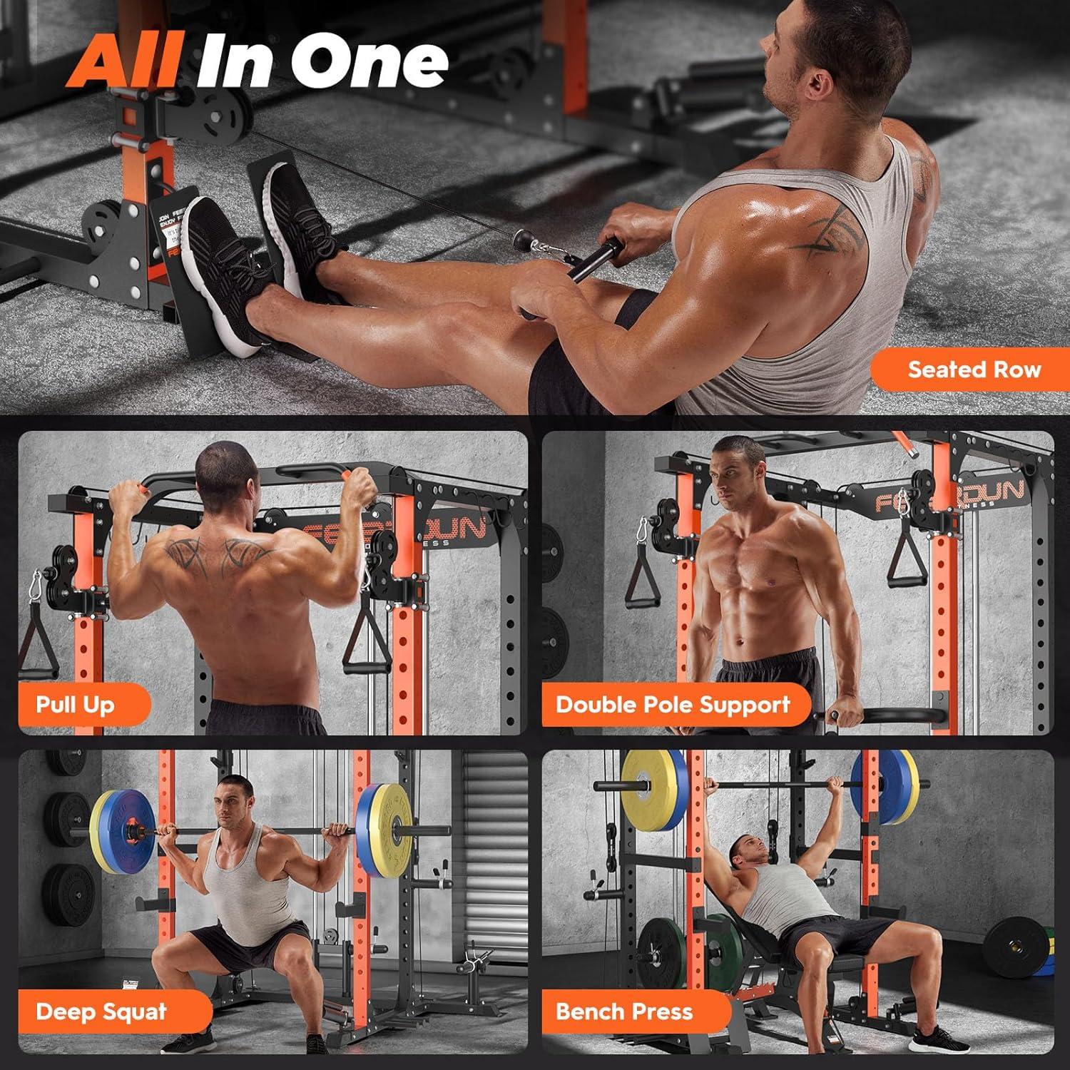 FEIERDUN FLA01 Power Cage Multi Function Squat Rack with Cable Crossover System,2000LBS Capacity with LAT Pulldown,10-in-1 Home Gym(orange)
