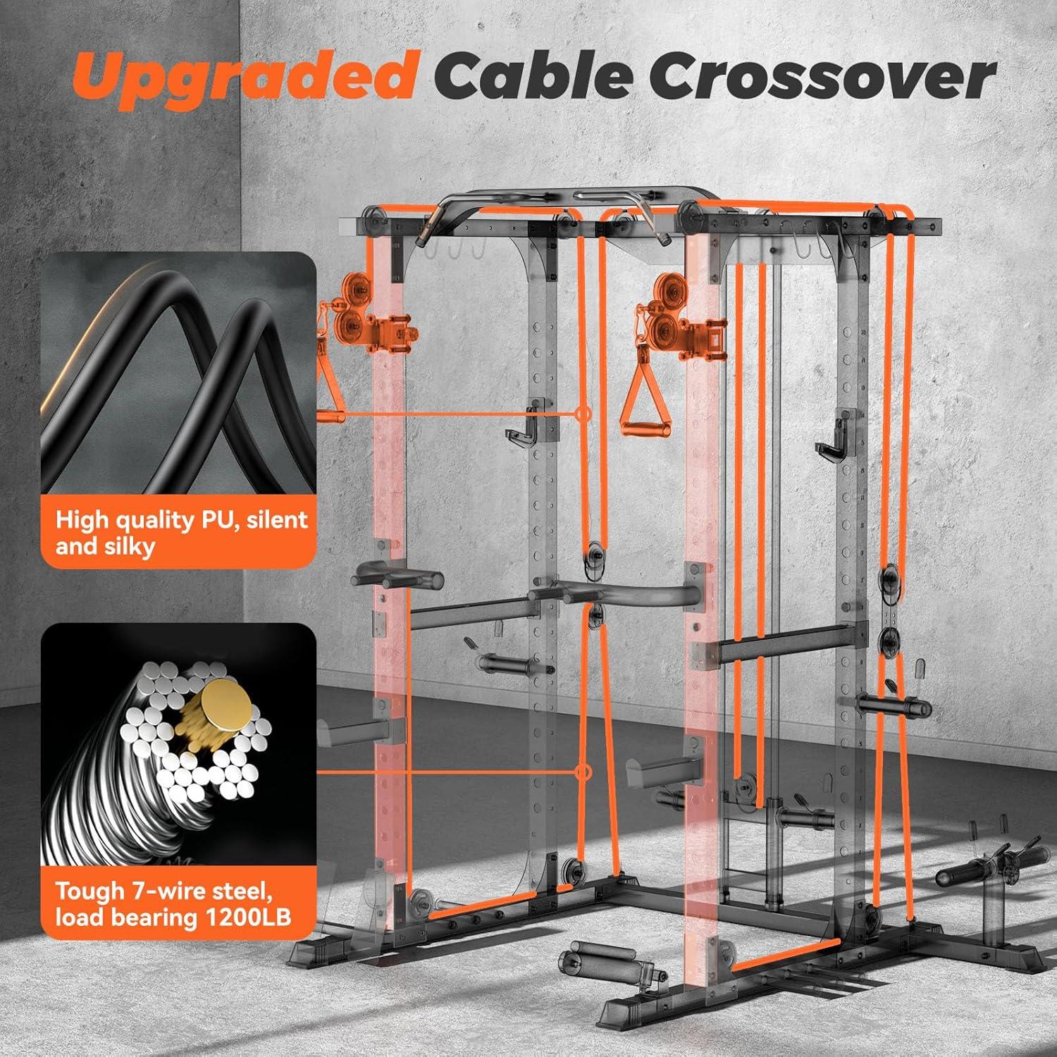FEIERDUN FLA01 Power Cage Multi Function Squat Rack with Cable Crossover System,2000LBS Capacity with LAT Pulldown,10-in-1 Home Gym(orange)