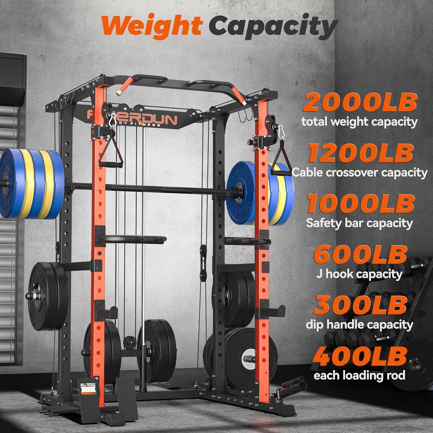 FEIERDUN FLA01 Power Cage Multi Function Squat Rack with Cable Crossover System,2000LBS Capacity with LAT Pulldown,10-in-1 Home Gym(orange)