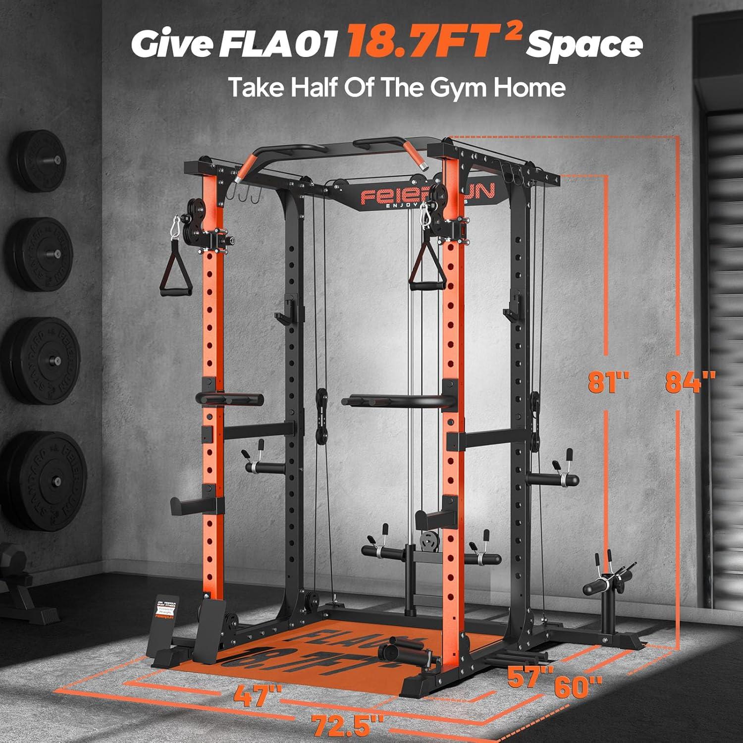 FEIERDUN FLA01 Power Cage Multi Function Squat Rack with Cable Crossover System,2000LBS Capacity with LAT Pulldown,10-in-1 Home Gym(orange)