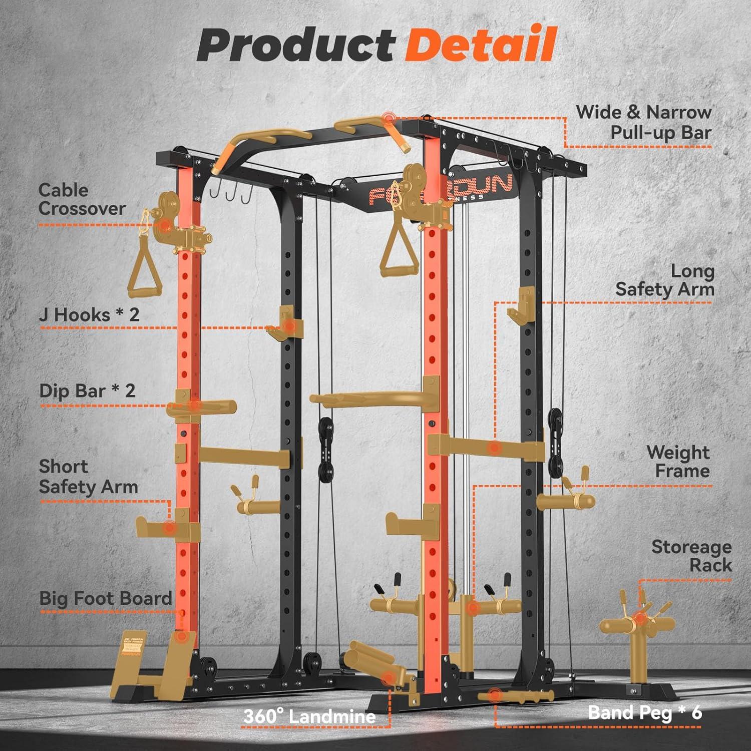 FEIERDUN FLA01 Power Cage Multi Function Squat Rack with Cable Crossover System,2000LBS Capacity with LAT Pulldown,10-in-1 Home Gym(orange)