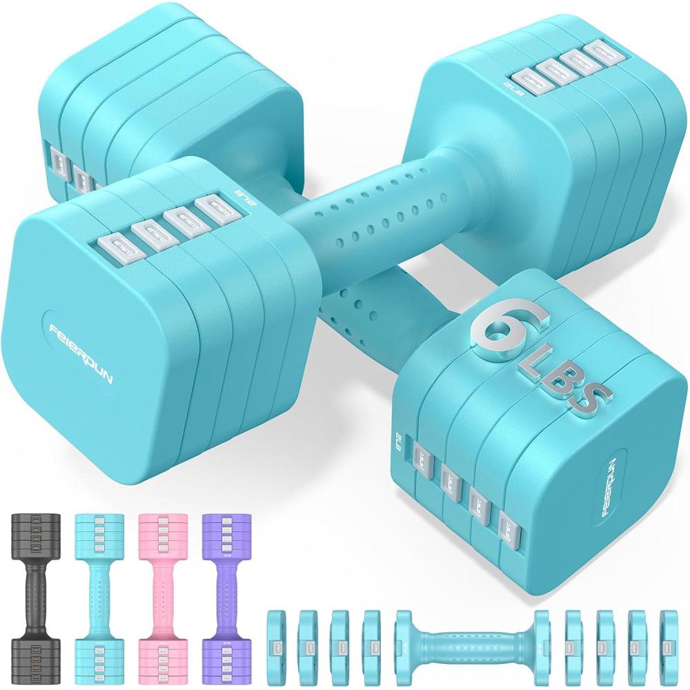 FEIERDUN 5-in-1 Adjustable Dumbbell Set of 2, 12LBS/20LBS Hand Weights for Women, 1s-Adjust Dual-Stable Dumbbell Set for Women Home Gym & Outdoor(C-Mint Blue)