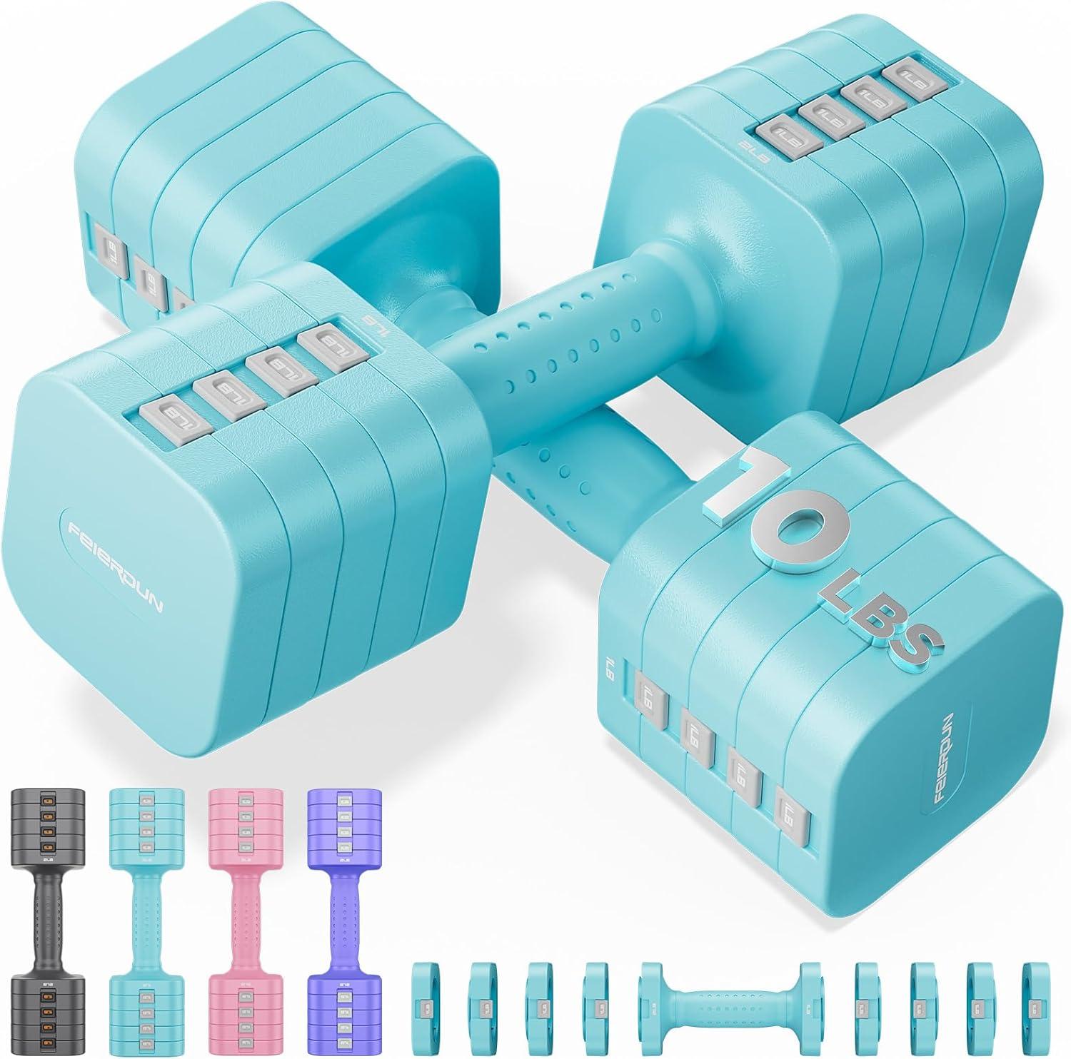 FEIERDUN 5-in-1 Adjustable Dumbbell Set of 2, 12LBS/20LBS Hand Weights for Women, 1s-Adjust Dual-Stable Dumbbell Set for Women Home Gym & Outdoor(C-Mint Blue)