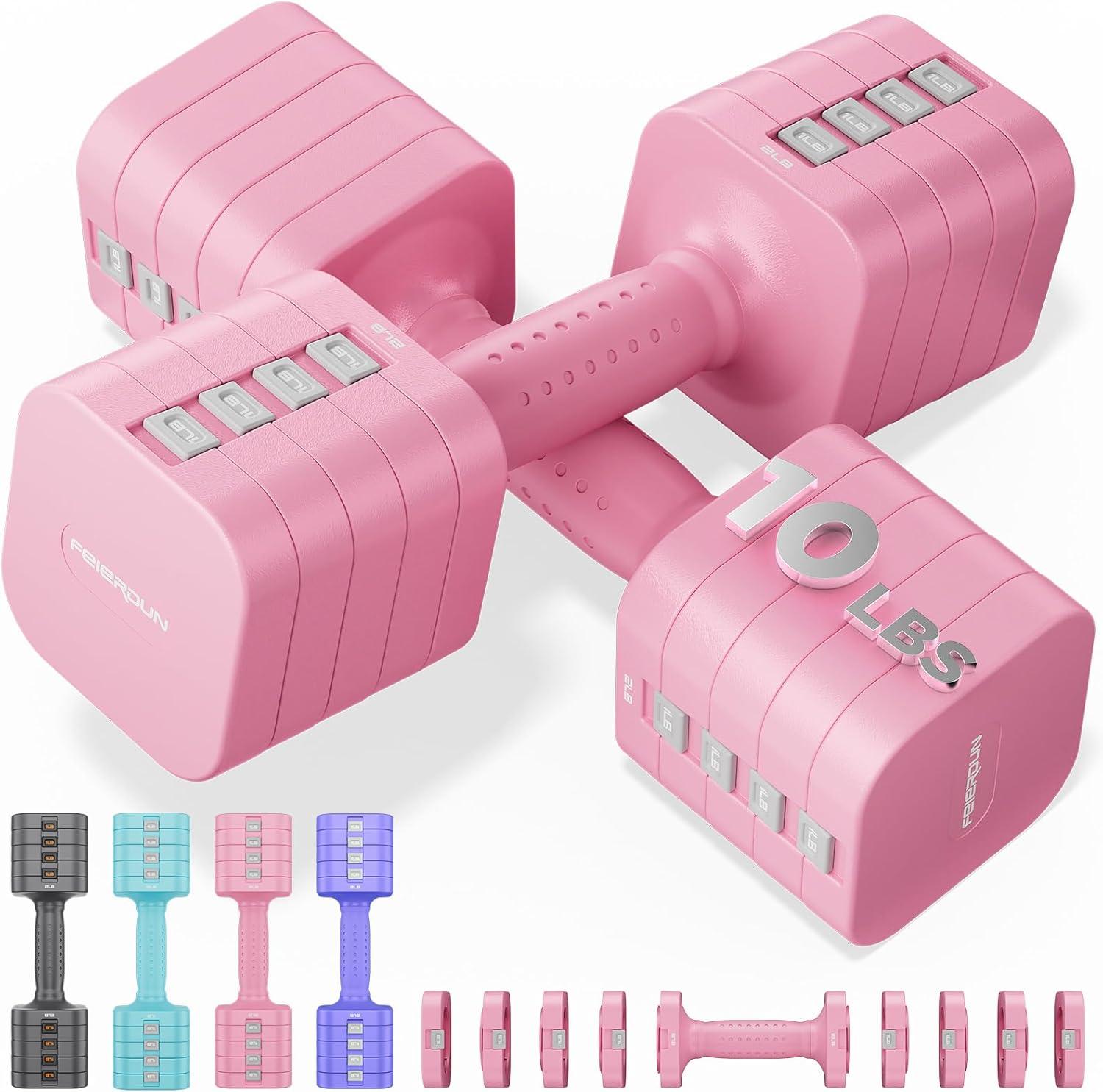 FEIERDUN 5-in-1 Adjustable Dumbbell Set of 2, 12LBS/20LBS Hand Weights for Women, 1s-Adjust Dual-Stable Dumbbell Set for Women Home Gym & Outdoor(B-Cute Pink)