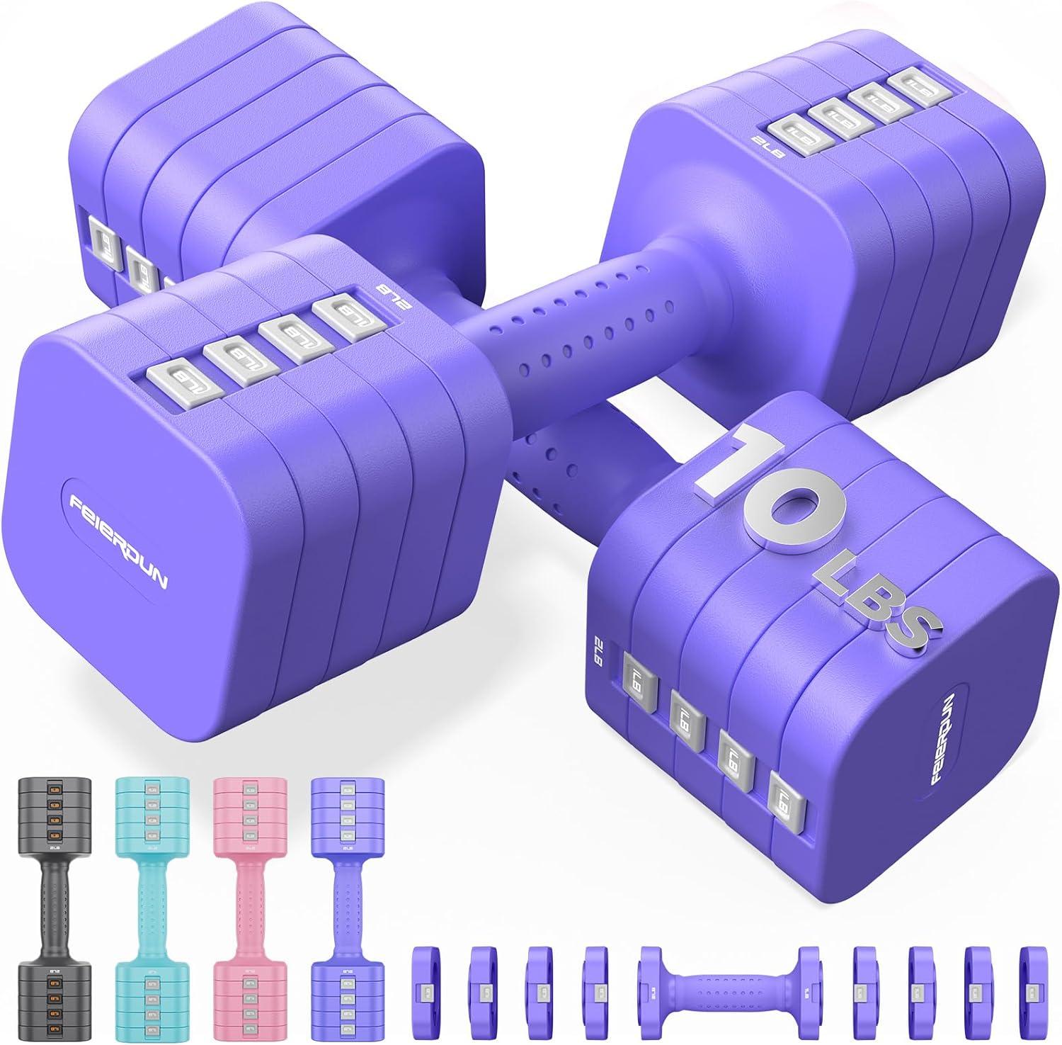FEIERDUN 5-in-1 Adjustable Dumbbell Set of 2, 12LBS/20LBS Hand Weights for Women, 1s-Adjust Dual-Stable Dumbbell Set for Women Home Gym & Outdoor(D-Vivid Purple)