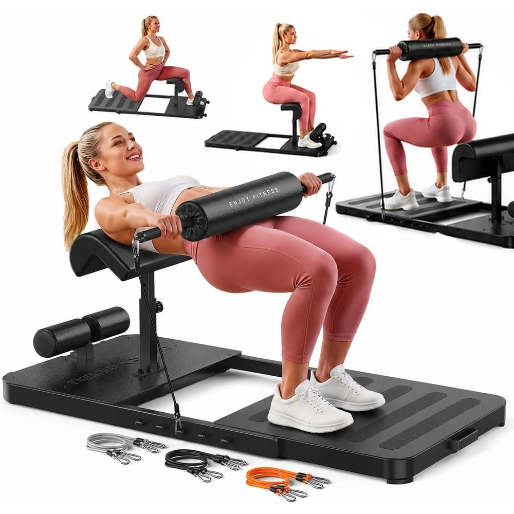 FEIERDUN HT1 Adjustable Hip Thrust Machine for Home Gym, Progressive Glute Training System with Barbell-Style Squat, Padded Support Bar, 7-Level Resistance Bands, Heavy-Duty Steel Frame
