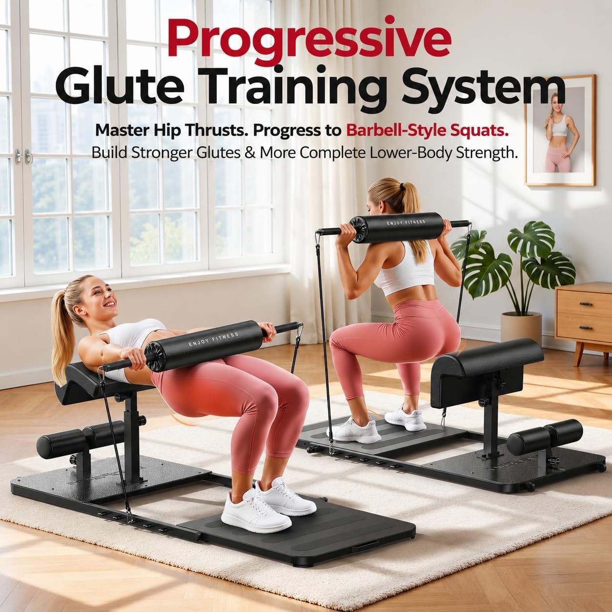 FEIERDUN HT1 Adjustable Hip Thrust Machine for Home Gym, Progressive Glute Training System with Barbell-Style Squat, Padded Support Bar, 7-Level Resistance Bands, Heavy-Duty Steel Frame