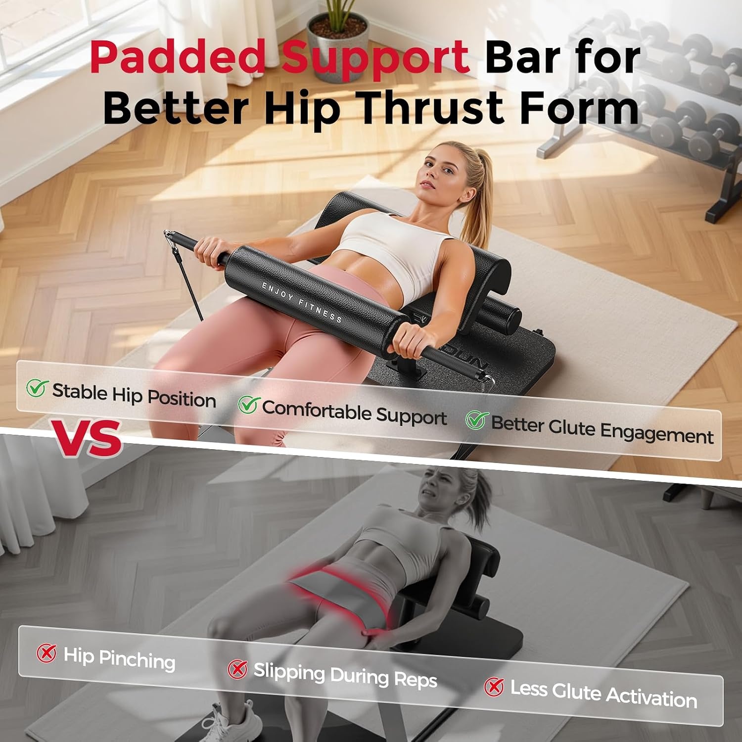 FEIERDUN HT1 Adjustable Hip Thrust Machine for Home Gym, Progressive Glute Training System with Barbell-Style Squat, Padded Support Bar, 7-Level Resistance Bands, Heavy-Duty Steel Frame