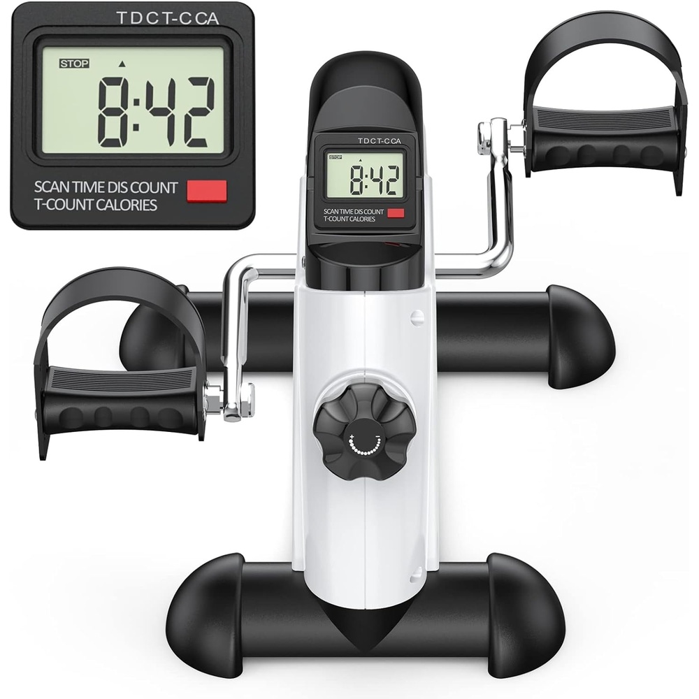 FEIERDUN Mini Exercise Bike, Under Desk Bike Pedal Exerciser for Arm/Leg Exercise, Adjustable Magnetic Resistance Desk Cycle with LCD Screen Display for Home/Office Workout (New White)
