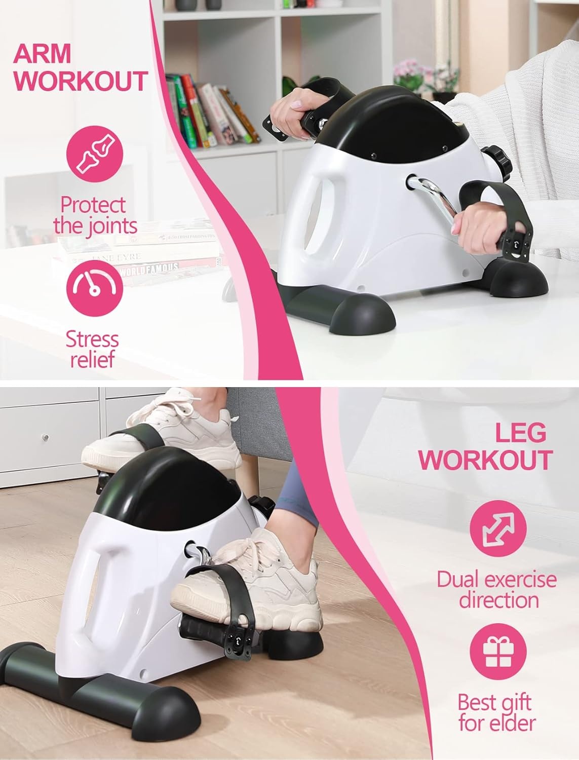 FEIERDUN Mini Exercise Bike, Under Desk Bike Pedal Exerciser for Arm/Leg Exercise, Adjustable Magnetic Resistance Desk Cycle with LCD Screen Display for Home/Office Workout (New White)