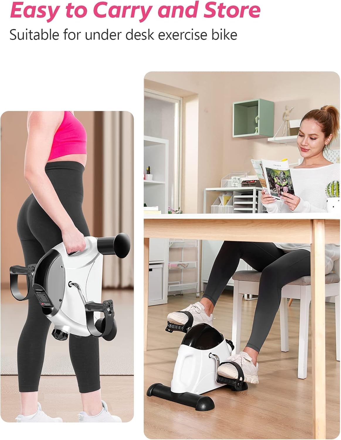 FEIERDUN Mini Exercise Bike, Under Desk Bike Pedal Exerciser for Arm/Leg Exercise, Adjustable Magnetic Resistance Desk Cycle with LCD Screen Display for Home/Office Workout (New White)