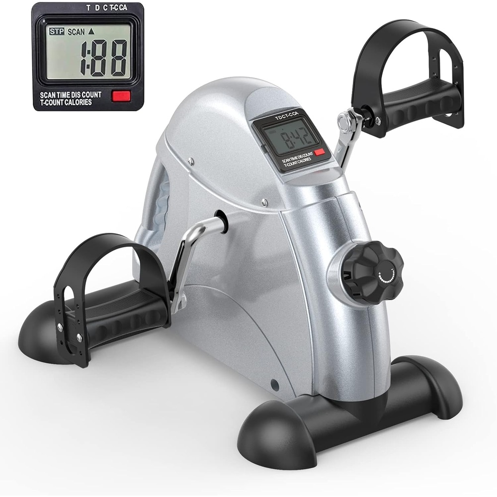FEIERDUN Mini Exercise Bike, Under Desk Bike Pedal Exerciser for Arm/Leg Exercise, Adjustable Magnetic Resistance Desk Cycle with LCD Screen Display for Home/Office Workout (Silver)