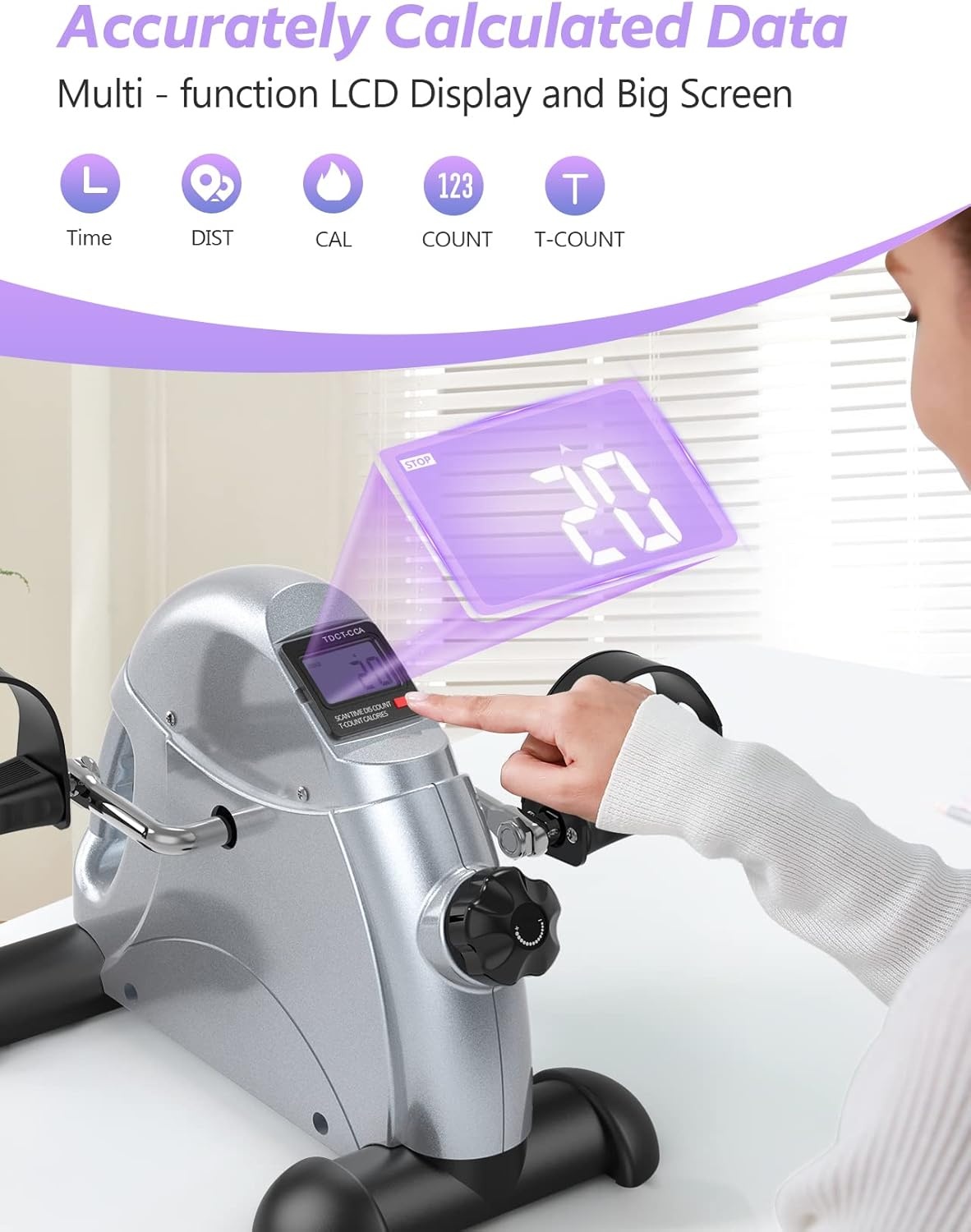 FEIERDUN Mini Exercise Bike, Under Desk Bike Pedal Exerciser for Arm/Leg Exercise, Adjustable Magnetic Resistance Desk Cycle with LCD Screen Display for Home/Office Workout (Silver)