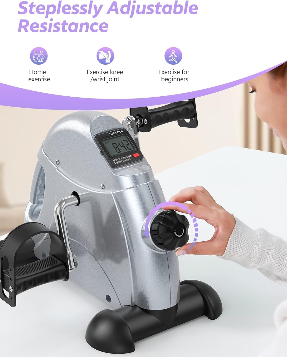 FEIERDUN Mini Exercise Bike, Under Desk Bike Pedal Exerciser for Arm/Leg Exercise, Adjustable Magnetic Resistance Desk Cycle with LCD Screen Display for Home/Office Workout (Silver)