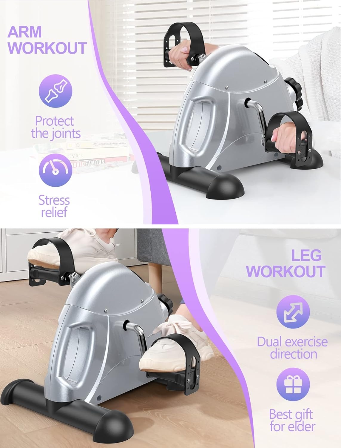 FEIERDUN Mini Exercise Bike, Under Desk Bike Pedal Exerciser for Arm/Leg Exercise, Adjustable Magnetic Resistance Desk Cycle with LCD Screen Display for Home/Office Workout (Silver)