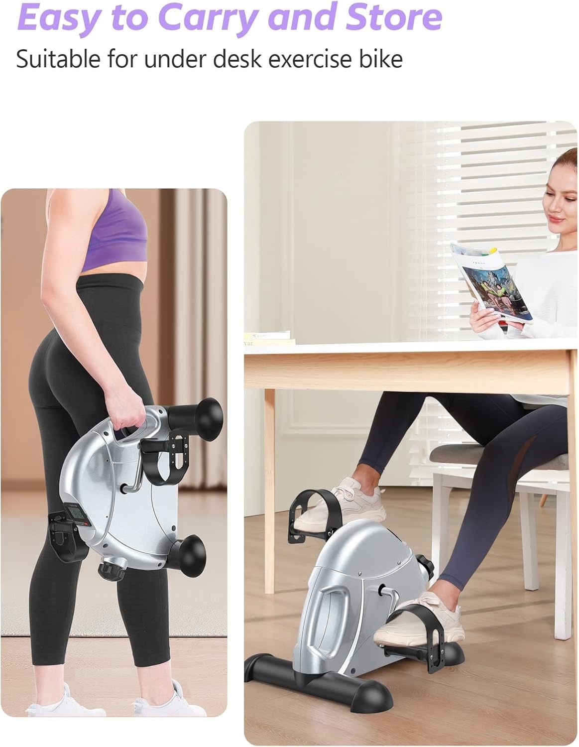 FEIERDUN Mini Exercise Bike, Under Desk Bike Pedal Exerciser for Arm/Leg Exercise, Adjustable Magnetic Resistance Desk Cycle with LCD Screen Display for Home/Office Workout (Silver)